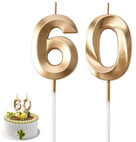 AIYONG 60 ° Numero Candele di Compleanno, Candela Numero 60, Dorate Torta Topper Decorazione per Feste di Compleanno, Nozze, Matrimonio, Anniversario, Celebrazione Forniture, Pensione, Regalo