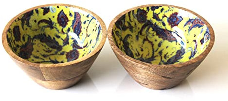 Monstera Hut ® Vibrant Yellow Printed Mango Wood Bowl | Mango Wood Salad Bowls | Bowls for Cereal Fruit Pasta (Set-4)
