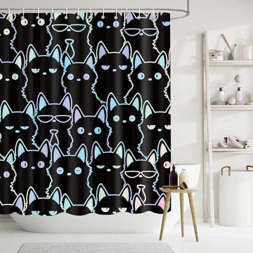APROPHIC Duschvorhang Katze 180x180cm Badevorhang Black, Badewanne Duschvorhänge Bunt Duschvorhang Lustig Textil mit 12 Haken