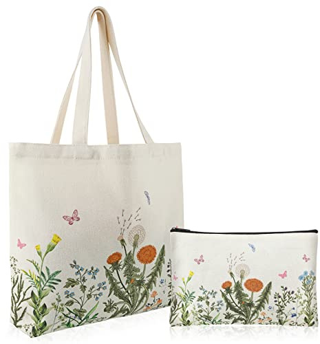 Prasacco 2 bolsas de lona con cremallera, diseño floral, vintage, para mujeres y niñas, color blanco, White, Double