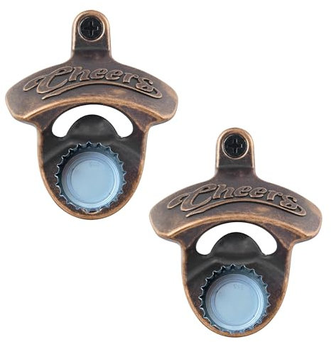 HAIICEN Rustic Magnetic Beer Opener Wall Mounted Bottle Cap Opener Cheers, Antique Copper Screw in Bottle Opener with Magnets (2 Packs)