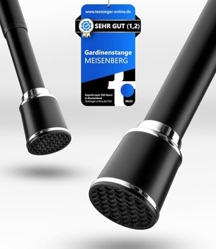 MEISENBERG Gardinenstange ohne Bohren 87-120cm, Schwarz, Ø 32 mm, Teleskopstange Balkon - Vorhangstange Klemmstange für Dusche, Vorhänge, Türöffnungen und Kleiderschrank