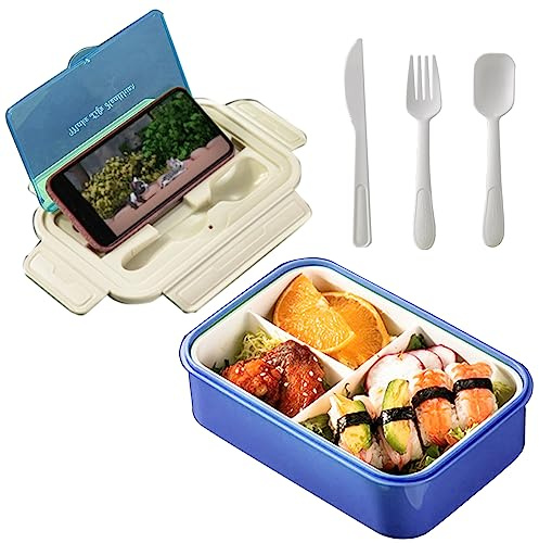 Vastsea Fiambrera, Lunch Box con 3 Compartimentos, Bento Box 1400 ml, con Cuchara y Tenedor Cuchillo, para Microondas y Lavavajillas, Escuelas, Senderismo, Camping