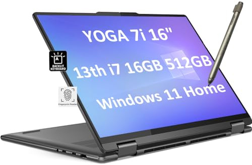 Lenovo Yoga 7i 7 16'' FHD+ 2-in-1 Touchscreen (Intel 13th Gen 10-Core i7-1355U, 16GB LPDDR5 RAM, 512GB SSD, Active Stylus) Laptop, 12.5-Hr Battery Life, Backlit, FP, 1080p Webcam, Storm Grey
