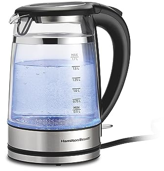 Hamilton Beach Double Wall 1.7L Electric Kettle, Water Boiler & Heater, Built-In Mesh Filter, Auto-Shutoff & Boil-Dry Protection, Cordless Serving, Variable LED Indicator, Glass (40850)