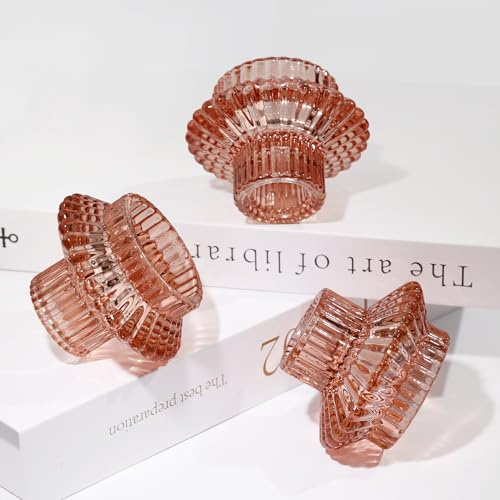HofferRuffer Kerzenständer Glas 3er Set,Kerzenhalter,Kerzenleuchter für Stabkerzen und Teelichter,Rötlich-braun
