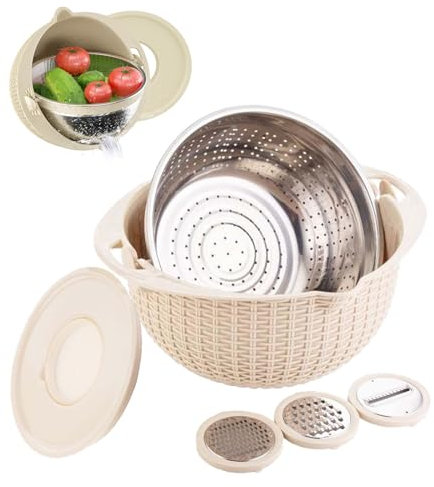 4-1 Colander Mit Mischschüssel Set, Küchenutensilien Zum Waschen, Schneiden Und Kneten, Salat Spinner, Pasta Sieb, Reissieb, Fruchtreiniger, Veggie Wash, Ideal Für Wohnungen Häuser Und Küchen (Beige)