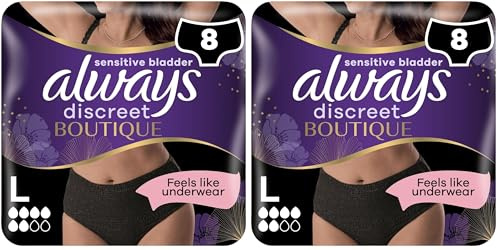 Always Discreet Boutique Incontinence Pants Women, Large, UK Dress Size 16-22, Black, Absorbency 6, 8 Underwear/Knickers, Heavy Bladder Leak Protection/Maternity Postpartum, Odour Neutraliser