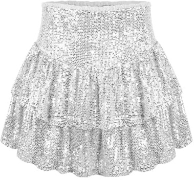 BWGHBH Jupes Mini pour Femme avec Shorts - Taille Haute Séquine - Fronces - Fluides - Paillettes - Jupe Courte pour Sortie Nocturne et Club, Argenté., L