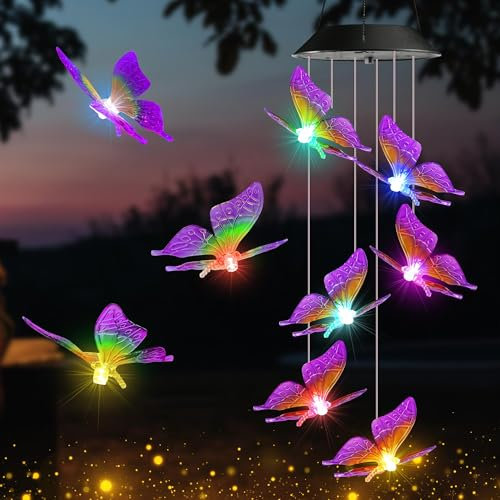 iShabao Schmetterling Solar Windspiel Garten, 6 LED Solar Windspiel für Draußen, Wasserfest, Farbwechsel,Muttertagsgeschenke, Geschenke für Mutter, Dekorationen für Baum, Balkon, Hochzeit(Lila)