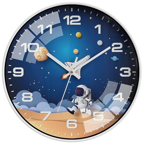 ALEENFOON 30cm Orologio da Parete per Bambini, Orologio al Quarzo Silenzioso Senza Ticchettio Orologio da Parete per Bambini Astronauta Viaggio Spaziale per camera da letto, aula, cameretta