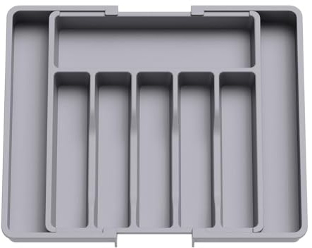 XIANTIAN Cutlery Drawer Organiser, Expandable Drawer Organiser ，Tray with 6-8 Compartment Holders, 33-57 x 38 x 5 cm (grey)