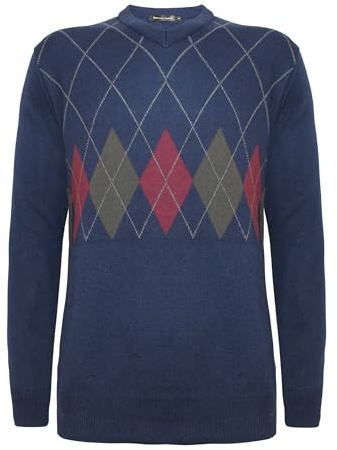 Generation Fashion New Men Gents Knitted Long Sleeve V-Neck Argyle Pattern Jumper Fine Knit Sweater Top Ribbed Edge[Navy,L ]