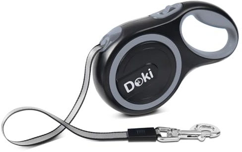DOKI XL Large Retractable Dog Lead, 8m/26FT Reflective Strong Nylon Tape Ribbon Leash, One-Button Brake&Lock Extendable Dog Lead for Small Medium Dogs (Grey)