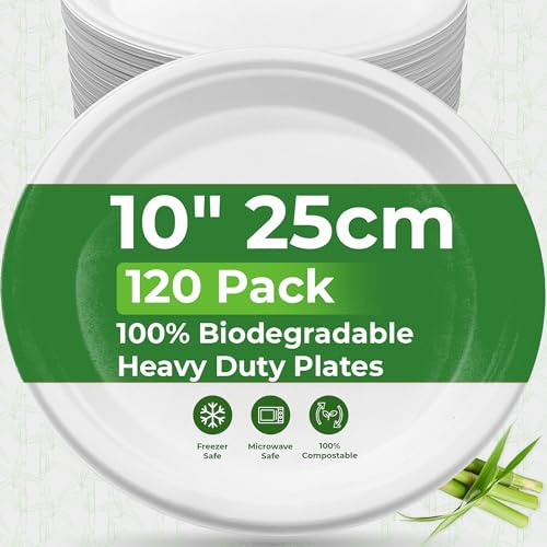 PRIME FEEL 10 Inch Disposable Paper Plates (120 Pack) - 100% Compostable Sugarcane Plates, Heavy-Duty & Eco-Friendly for Parties, Events, BBQs, Camping & Picnics