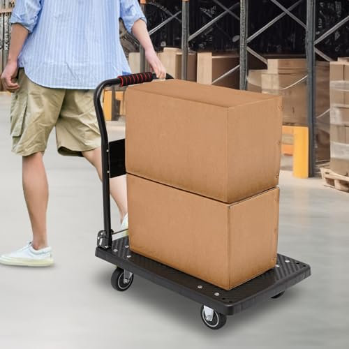Heavy Duty Transportwagen Klappbar Rollwagen Werkstatt Wagen Plattformwagen Industrie Handwagen Transportwagen mit Lenkrollen, 150 kg Tragkraft, 48 * 72 * 85cm (Schwarz)