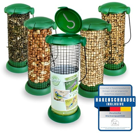 FEDERHÜTTE Lot de 2 colonnes de nourriture pour oiseaux avec vis à crochet à suspendre – Grille distributeur de nourriture pour petits oiseaux | Moineau, perle, pinson, mésange | Noix, flocons,
