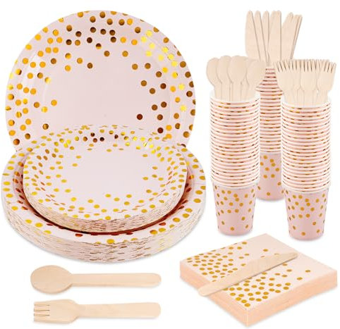 Anstore Set di 200 piatti di carta rosa con posate in legno, stoviglie usa e getta, tovaglioli, rosa, 25 ospiti, set di stoviglie per feste di compleanno dei bambini, matrimoni, feste