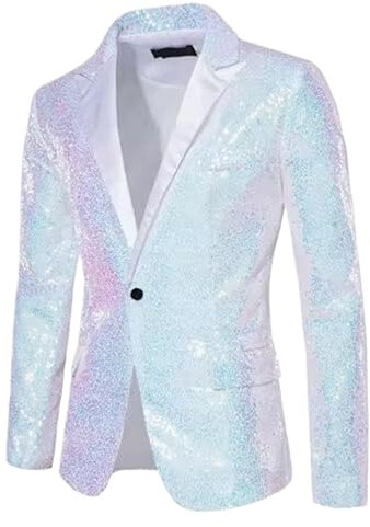 MQMYJSP Herren-Pailletten-Sakko Dünne Jacke Männer Business-Sozial-Bankett Bühnen-Performance-Anzug-Blazer White XXL