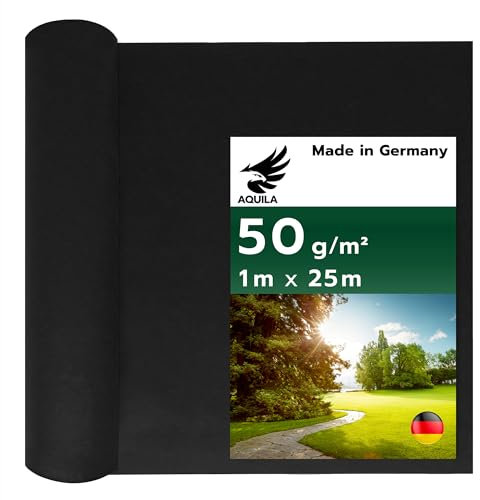 AQUILA Profi Unkrautvlies zur Wurzelsperre – Verhindert Durchdringen von Unkraut, Reißfest, 50 g/m², hochwertige Unkrautfolie mit Wasserdurchlässigkeit, Made in GER – 1m x 25m