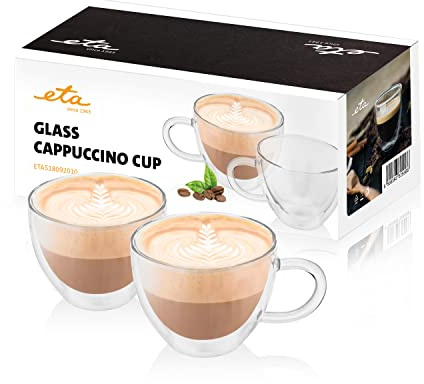 ETA Doppelwandige Cappuccino Gläser mit Henkel I 230ml I 2 Stück I Kaffeegläser I aus Borosilikatglas I Geringes Gewicht I Spülmaschinengeeignet
