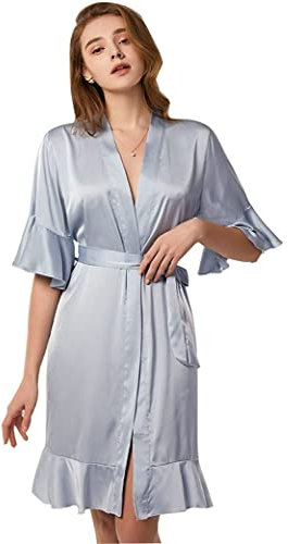 KXQYIKYI Peignoir Femme Peignoir à Volants Col en V Pyjama Kimono Été Doux Satin Soie Mousseline de Soie Vêtements de Nuit Fête de Mariage avec Ceinture pour Mariage Mariée Demoiselles d'honneur (Vin