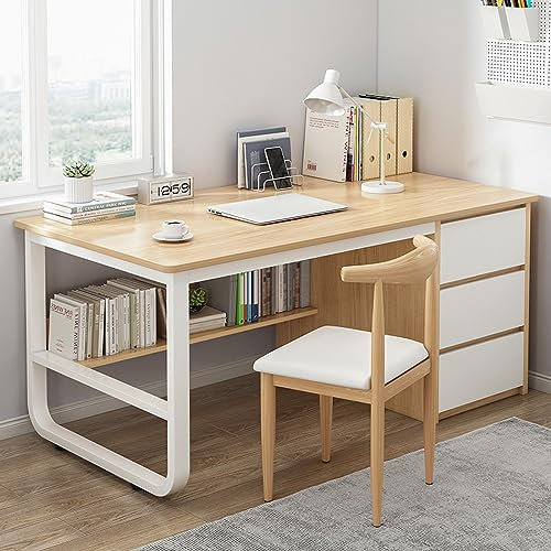 Computertisch mit Bücherregal und 3 Schubladen, PC-Schreibtisch, Studentenschreibtisch, moderner Büroschreibtisch/Arbeitsplatz (99,1 cm, Eiche)