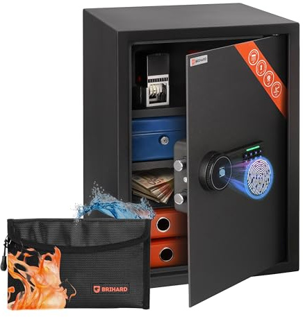 Brihard Business XL Caja Fuerte Biométrica 50x35x36cm con Ignífuga Bolsa, Apertura con Huella Dactilar con 2 Estantes Ajustables, Almacenamiento Seguro 60L para Documentos A4 y Dinero