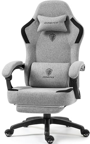 Dowinx Fabric Gaming Chair with Pocket Spring Cushion,Breathable Computer Chair with Massage Lumbar Support and Footrest,High Back Game Office Chair for Adult,Grey