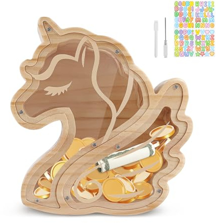 Wooshwa Wooden Money Box, Cute Unicorn Piggy Bank, Creative Money Saving Box with DIY Stickers and Erasable Pen, Unbreakable Coin Bank for Birthday Christmas Christening Gift