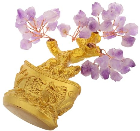 Albero di Cristallo Ametista Porpora con Base Yuanbao 1 Pezzo | Resina e Cristallo, Decorazione Bonsai per Casa e Ingresso, Stile Elegante per Ambienti