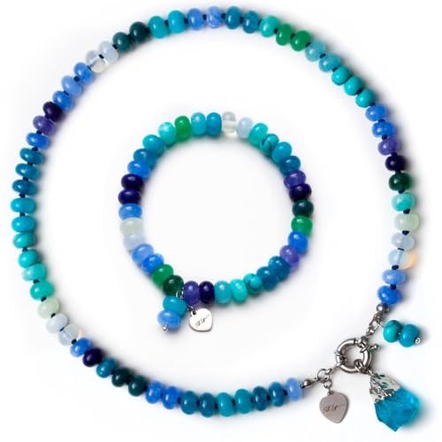 SKLife style design halsband med armbandset dam, färgglatt ädelstens smyckesset present för kvinnor, äkta handgjorda naturstens-pärlhalsband, bohostil