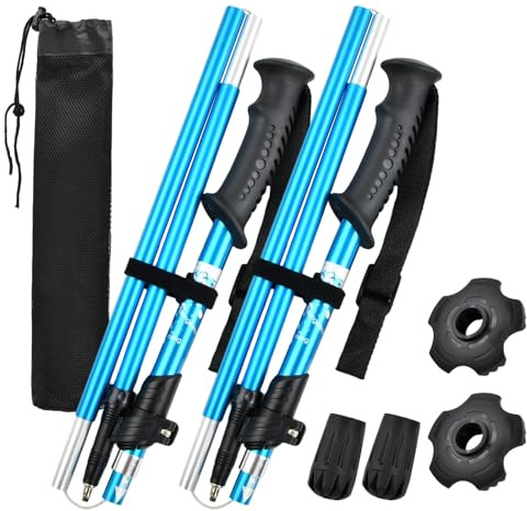 2Pcs Bastones Senderismo, 110-130cm Bastones Trekking Telescópicos Plegables, Bastones Marcha Nordica Walking Aluminio 6013 Ligeros, Poles Montaña Alpinismo para Hombres y Mujere Caminar (Azul)