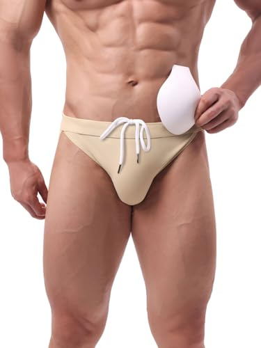 Summer Code Slip de Bain Homme Rembourré Amovible Maillot de Natation Respirant en Forme Triangle, Beige, Medium