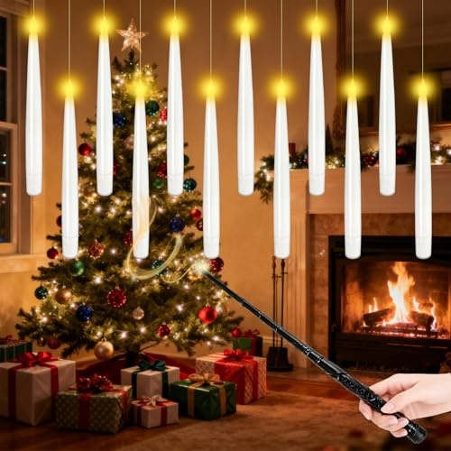 12 Bougies Flottantes LED Sans Flamme avec Télécommande Baguette Magique – Bougie Blanche à Piles pour Décoration de Mariage, Fête, Arbre, Noël