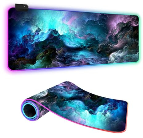 FANSU Couleur 3D XXL Tapis de Souris Gaming RGB LED 14 Effets Éclairage Antidérapante Grand sous Main Bureau pour Clavier et Souris, USB- Mouse Pad pour PC Gamer (Bleu,700x300x4mm)