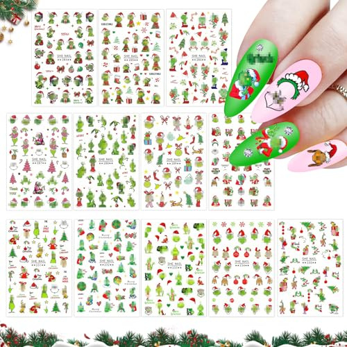 12 Blatt Nagelsticker Weihnachten, Selbstklebend, Nail Sticker Weihnachten, Nagelaufkleber, Nail Art Stickers, Dekoration Nageldesign Zubehör