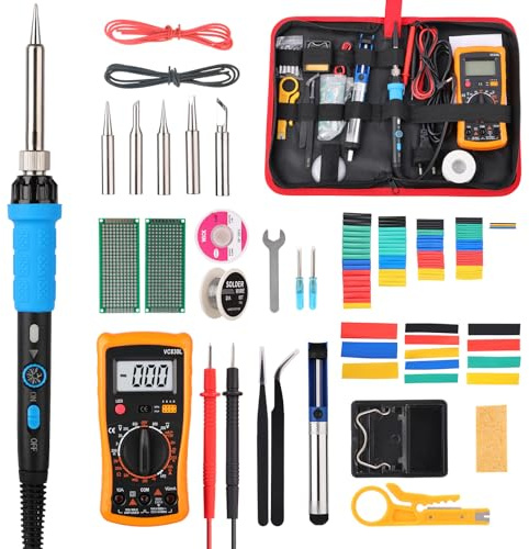 Soldering Iron Kit: 60W Welding Tools with LCD Digital Multimeter, Adjustable Temp 200-450°C, Electric Soldering Iron Set with 5 Soldering Tips, Solder Wire, Desoldering Pump, Tool Bag (Blue)
