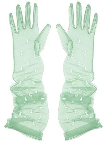 Hochzeit Braut Handschuhe Damen Transparente Spitzenhandschuhe Langarm Tüllhandschuhe Eleganter Accessoire für Hochzeit Braut Kostüm Party Vintage Stil Einheitsgröße 55 cm Hellgrün mit Perle