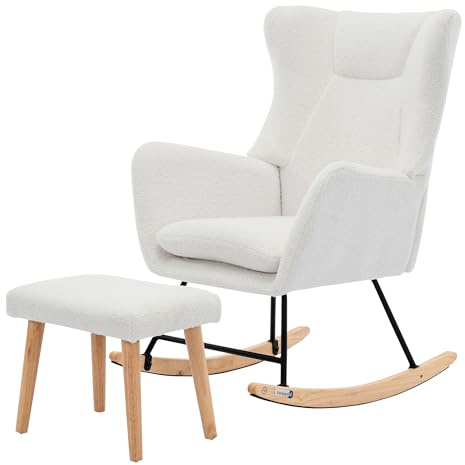 HAINEW Schaukelstuhl Schwingsessel mit Hocker und Hoher Rückenlehne, Schaukelsessel Relaxsessel Polstersessel, Teddy Samt, Ergonomisch, Bis 100kg, Weiß, HNDE012