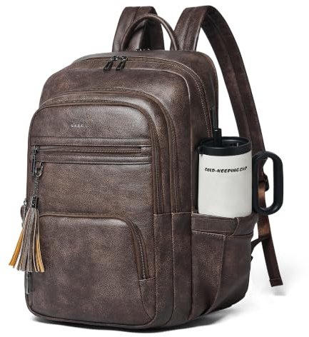 Shrrie 17 Inch Laptop Backpack for Women,Vegan Leather Backpack Purse,28L Work Business College Travel Computer Backpacks with Pouch Pocket for Large Capacity Cup & USB Charger,Chocolate