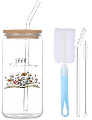 Büchertasse Glas mit Deckel und Strohhalm Geschenke für Leseratten Booklover 500ml Trinkglas mit Strohhalm und Deckel Buchtasse Trinkbecher mit Strohhalmbürste und Becherbürste Buchliebhaber Geschenke