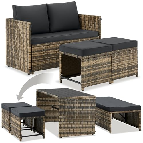 tectake® Set Salotto da Giardino Esterno in Rattan 2 in 1 Versatile, divano 2 posti e set sedie, Cuscini Impermeabili, 4 persone e Tavolino da Esterno, per Set Giardino, Balcone e Terrazzo - Naturale