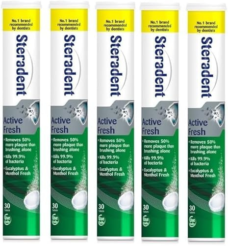 Steradent 5 Pack Active Fresh Denture Cleaning Tablets - 150 Tablets, False Teeth Cleaner, Retainer, Denture & Mouth Guard Sterilising Tablets, Multipack Bundle for Fresh Hygiene and Stain Removal