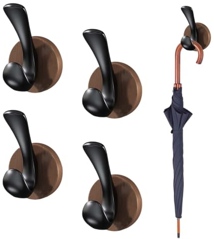 Korechain Set di 4 Ganci da Muro Autoadesivi, Ganci senza Trapano in Legno di Noce, Ganci per Abiti Nero 9x5x3,5cm per Bagno, Cucina, Soggiorno