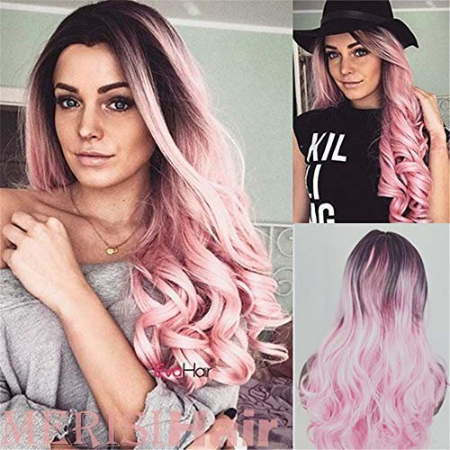 Lange Lockig Ombre Perücke Dunkel Wurzeln Mitte Teil Eisstockschießen Welle Realistisch Natürlich Synthetik Länge Lose Haar Perücken zum Damen Cosplay Party Kostüm,B