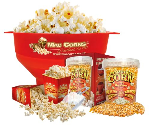 MacCorns Microwave Popcorn Making Kit | Large Popper Bowl + Lid | 850g Popping Corn + 12 Cartons + Scoop | Hot Air or Butter Pop | Allergen Free