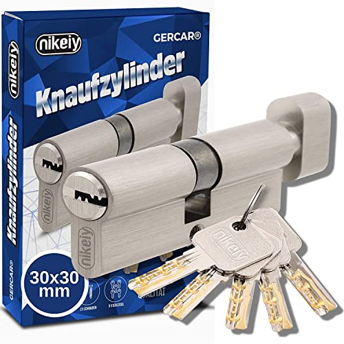 GERCAR Pro Knaufzylinder 30/30 Massiver Schließzylinder mit Knauf Zylinderschloss Türschloss - aus Messing Matt Vernickelt - inkl. 5 Schlüssel - Wendeschlüssel - Länge: 60 mm, A:30 B:30-1x