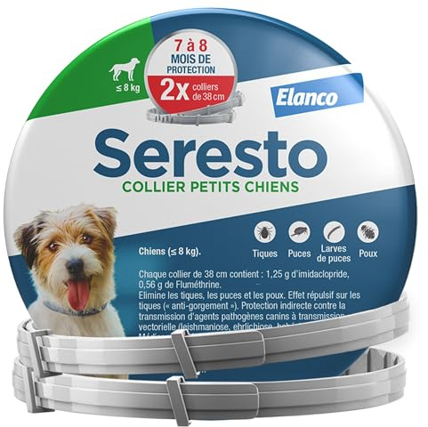 Seresto Collier Petits Chiens – 2 Colliers anti puces et anti tiques longue durée pour petits chiens de moins de 8kg – Protection leishmaniose, tiques, puces continue pendant 7 à 8 mois – Gris