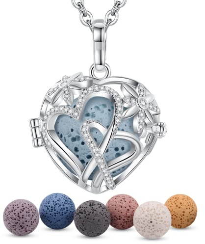 EUDORA Harmony Ball Aromathérapie Huiles Collier Diffuseur Essentielles pour Femmes Collier Pendentif Filles Bijoux Cadeau avec 7 PCS Pierre de Lave, Chaîne 61cm.